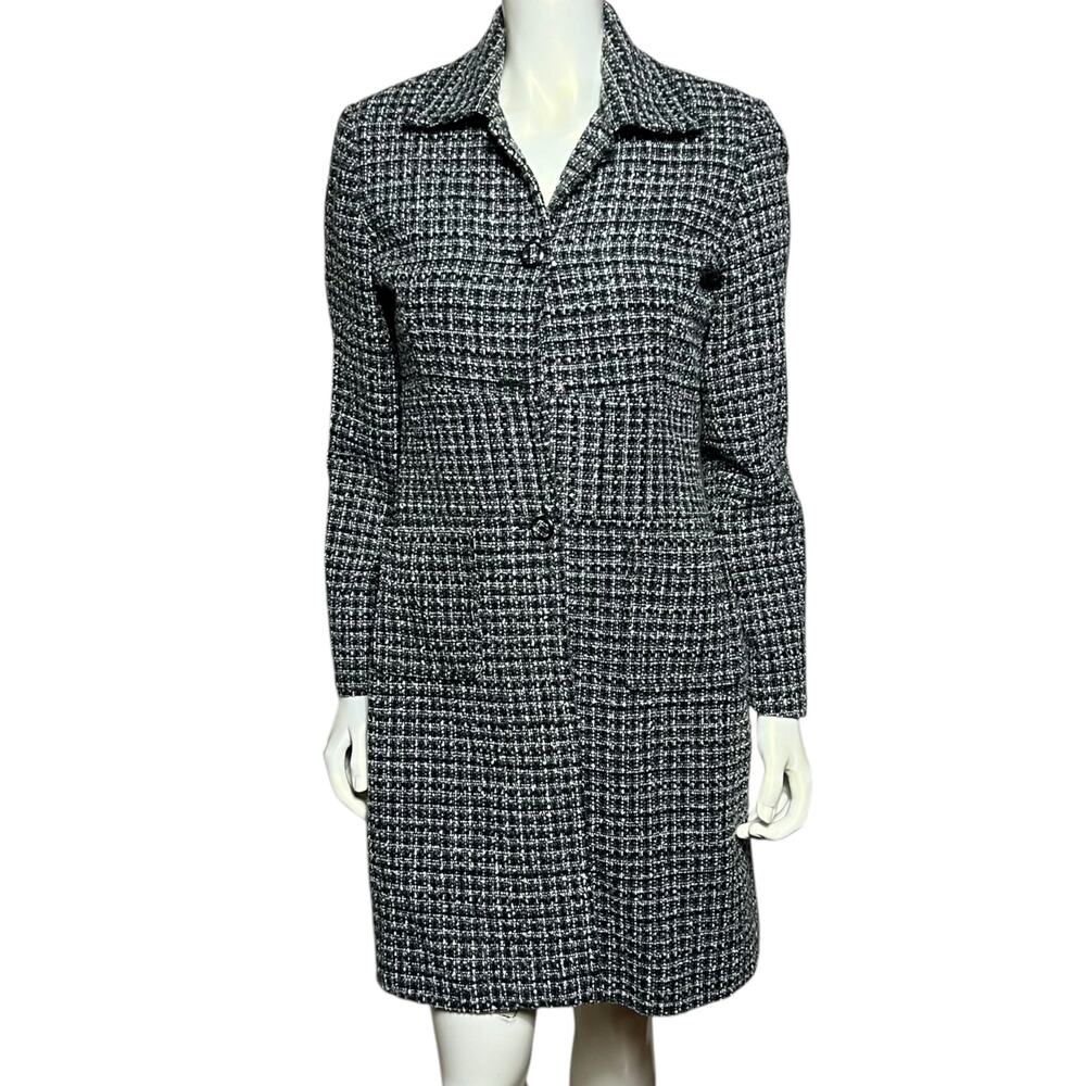 WDNY Black White Tweed Long Coat Lined Floral Interior Size 6